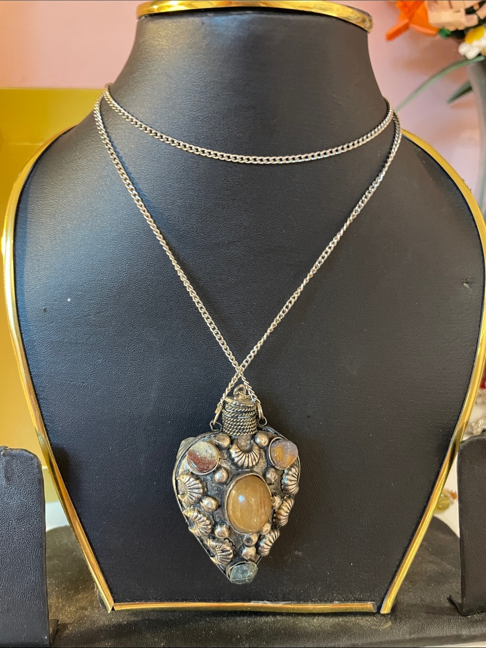 Artisan Silver-Tone Heart Pendant Necklace with Brown Stones